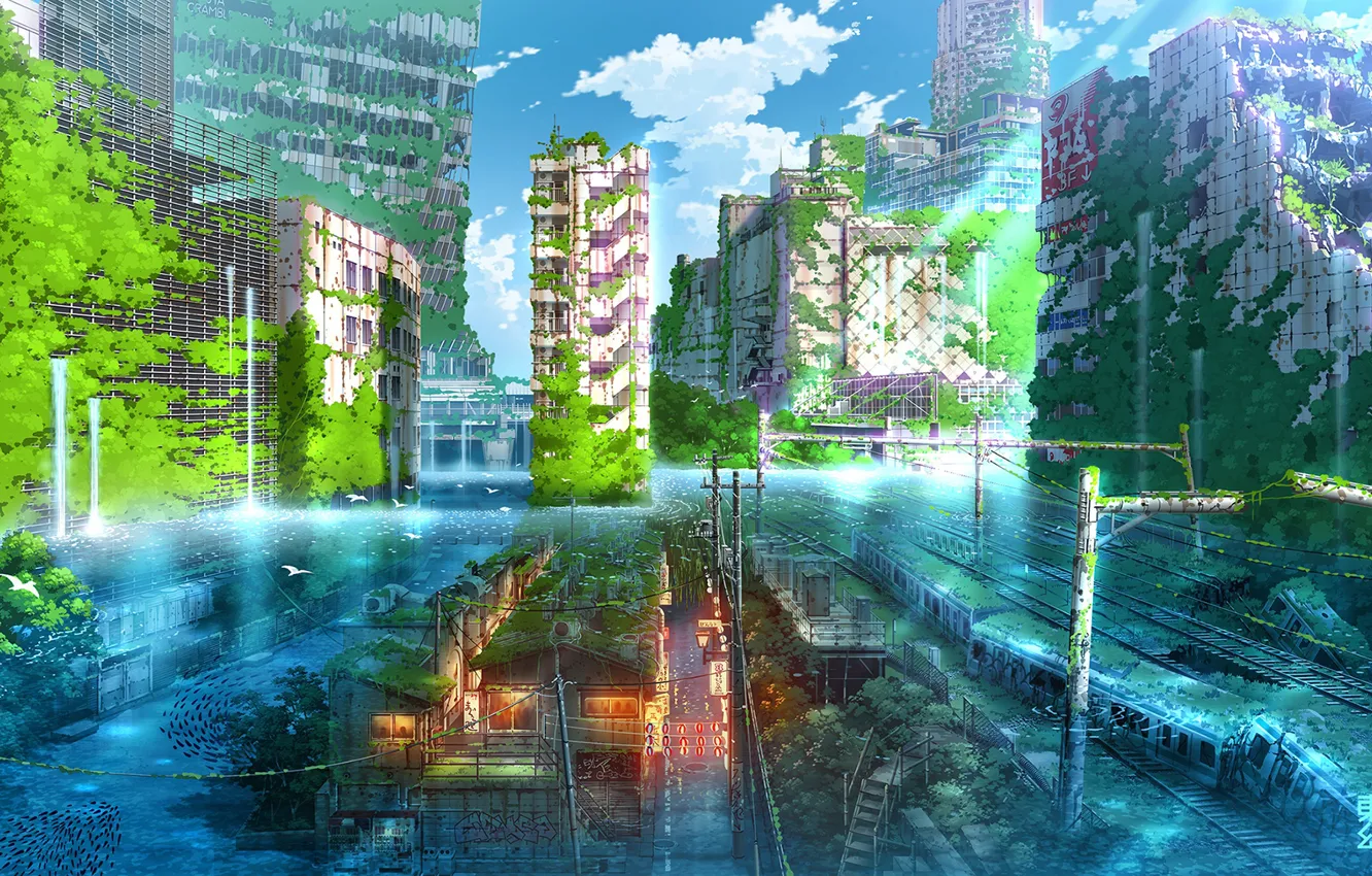 Photo wallpaper Japan, fantasy, Tokyo, ruins, flooding
