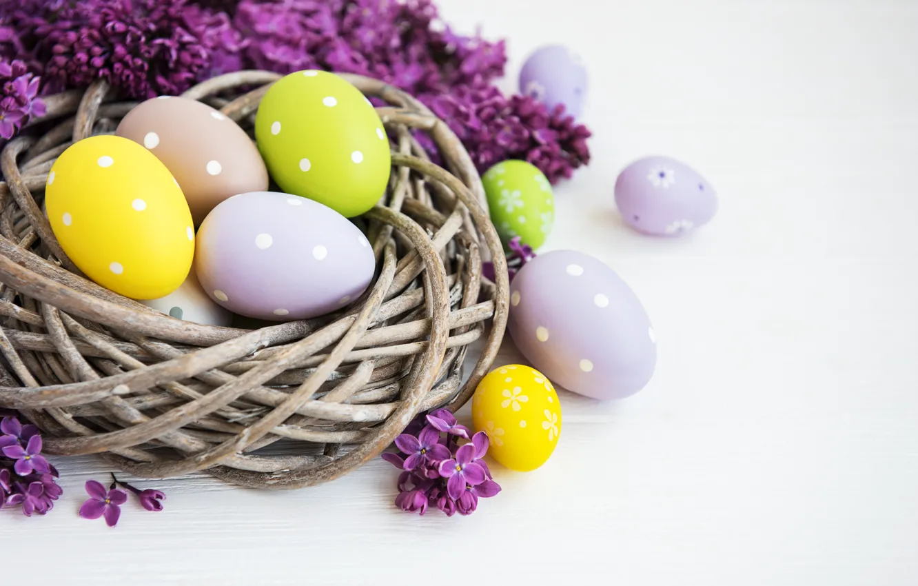 Photo wallpaper flowers, eggs, spring, colorful, Easter, blossom, flowers, lilac