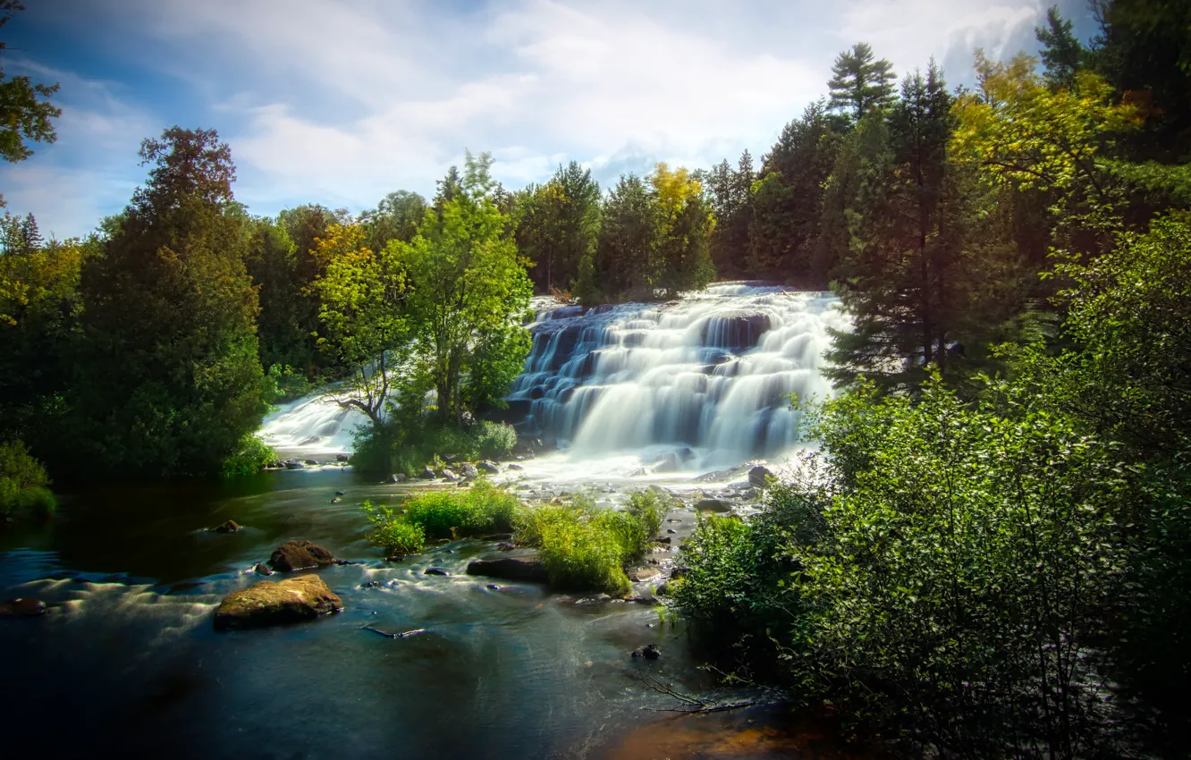 Photo wallpaper forest, light, stones, shore, waterfall
