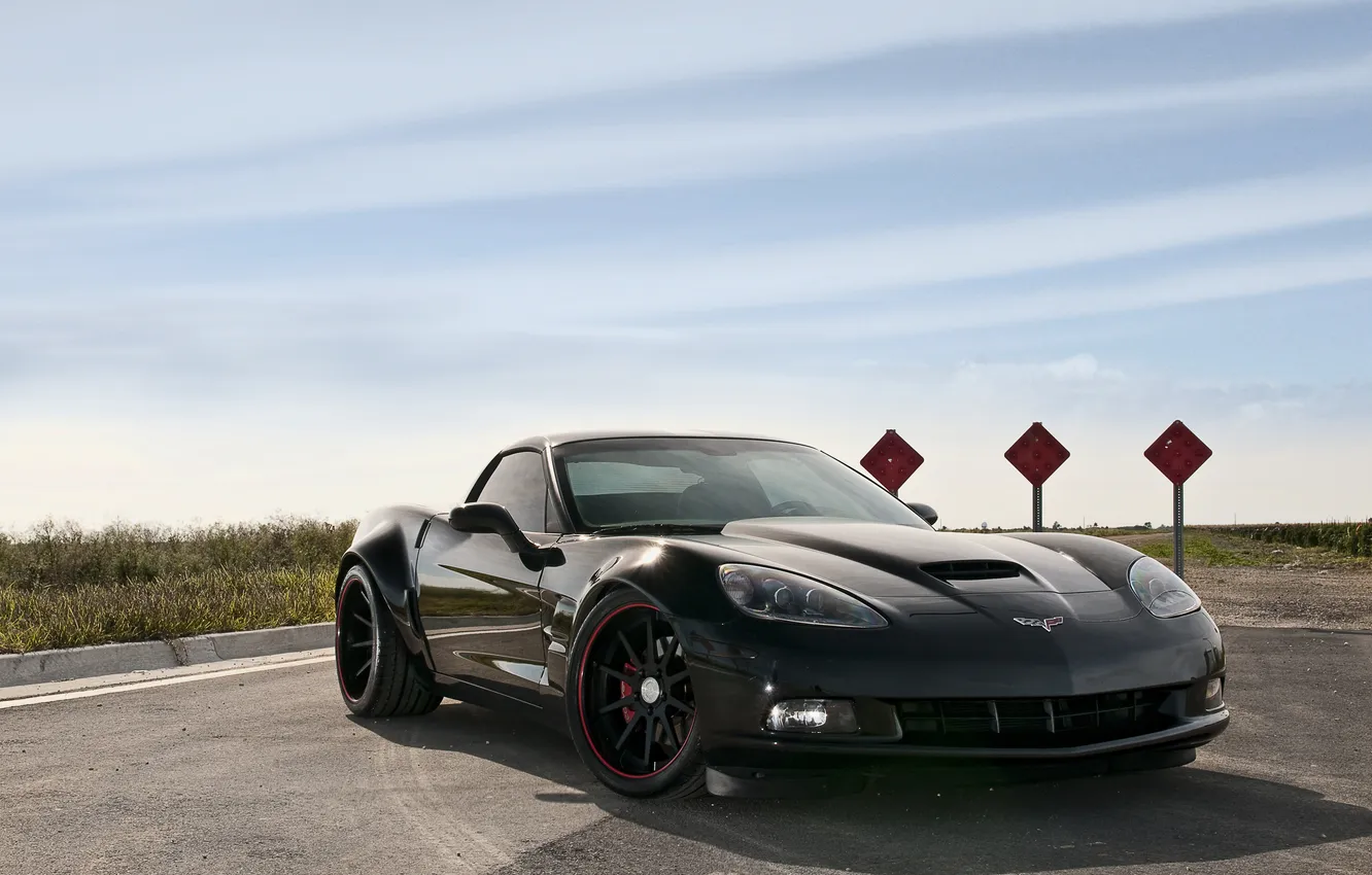 Photo wallpaper black, Z06, Corvette, Chevrolet, Chevrolet, black, road sign, Corvette