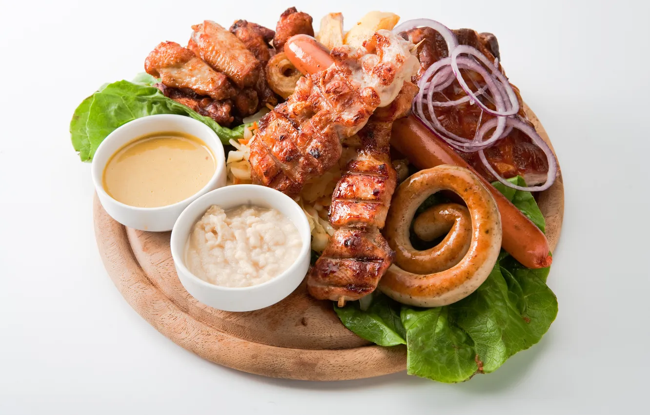 Photo wallpaper greens, Board, sausage, bow, meat, sauce