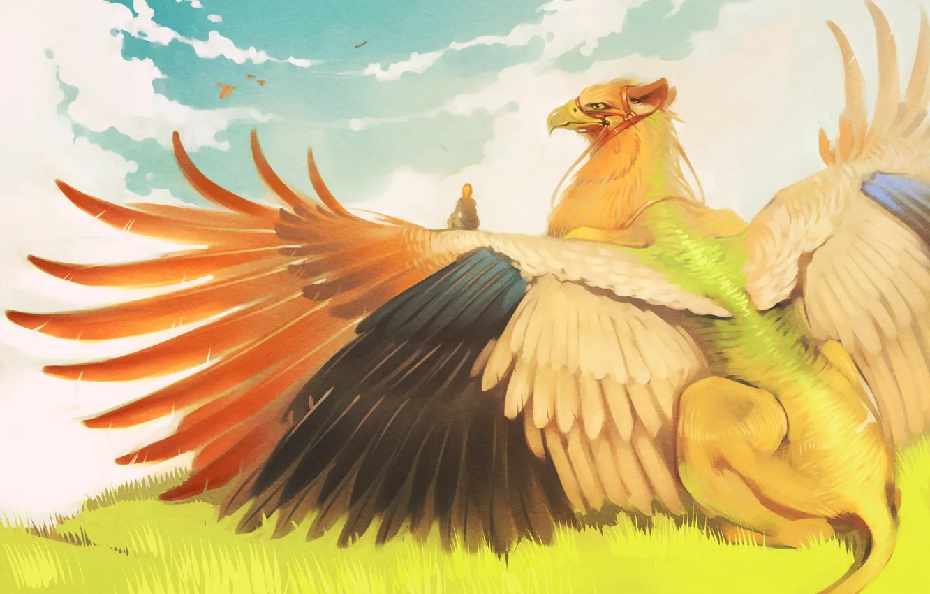 Photo wallpaper the sky, clouds, wings, beak, art, Griffin, Chimera