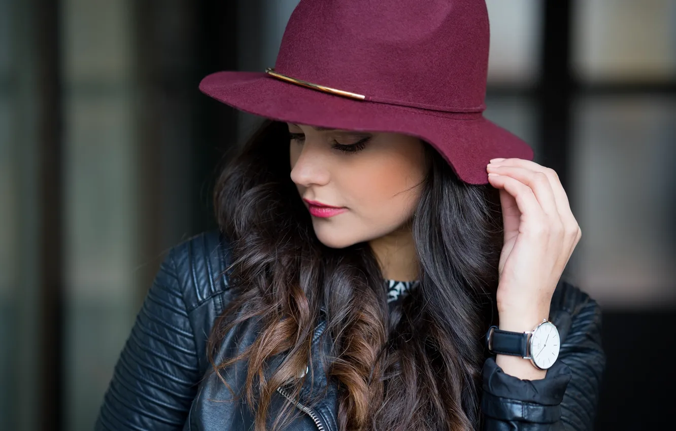 Photo wallpaper watch, beauty, brunette, hat, gesture, hat, beauty, brunette