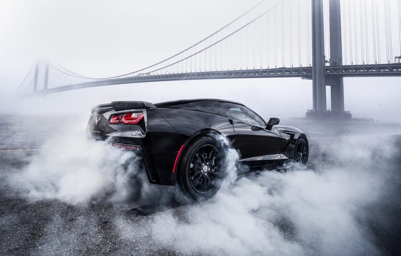 Photo wallpaper bridge, smoke, Corvette, Chevrolet, black, smoke, Chevrolet Corvette