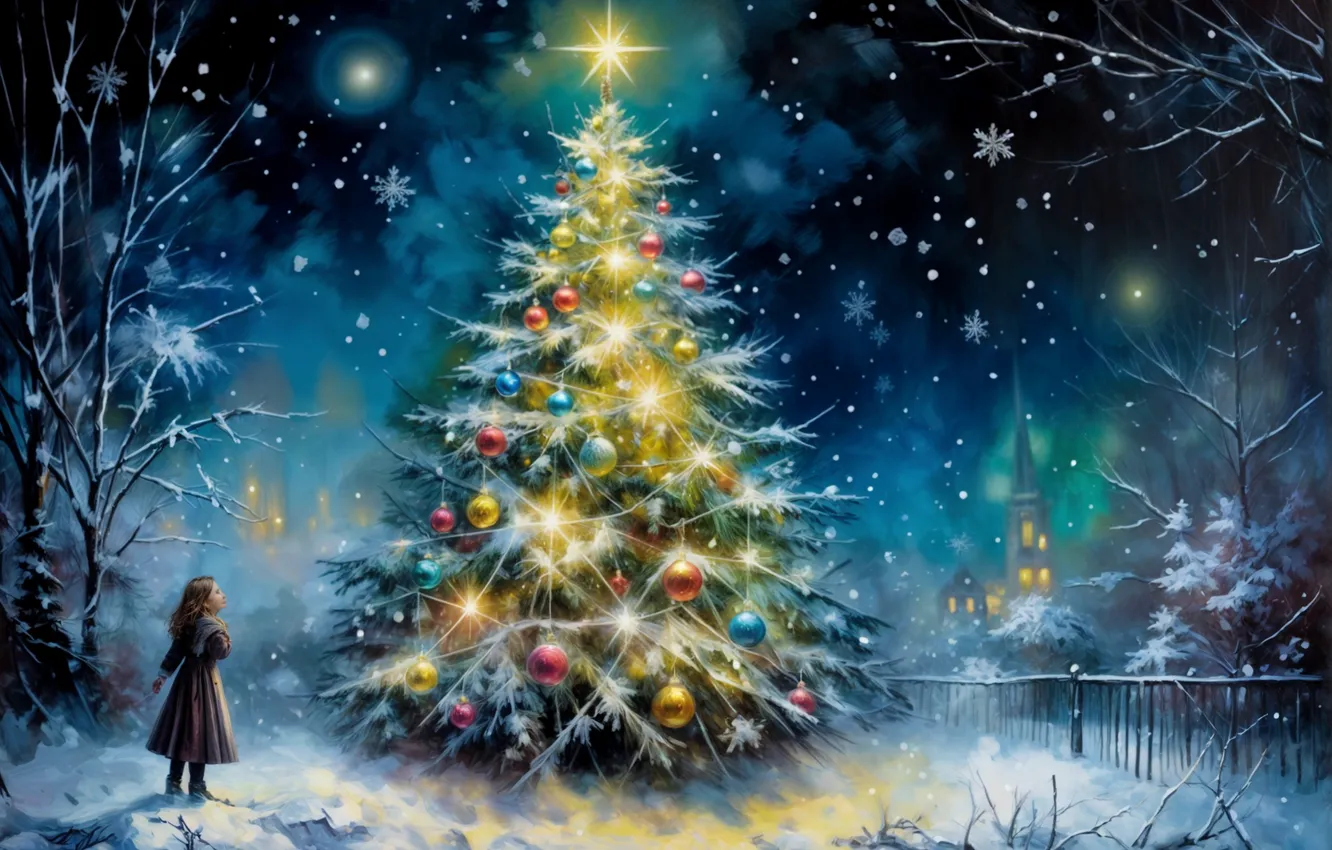 Photo wallpaper winter, snow, girl, Christmas tree