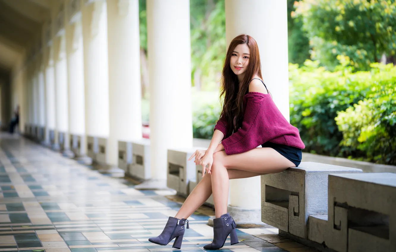 Photo wallpaper girl, shorts, legs, Asian, cutie, sweater, bokeh