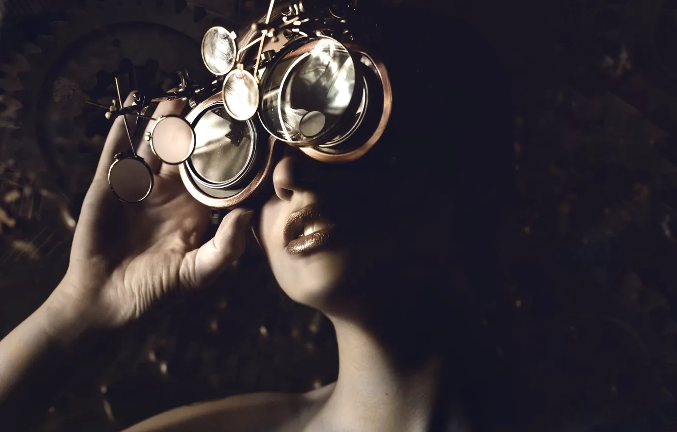Photo wallpaper look, glass, girl, light, night, face, pose, style
