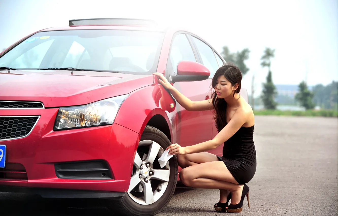 Photo wallpaper girl, Chevrolet, Asian, beautiful girl, red car, posing on the car