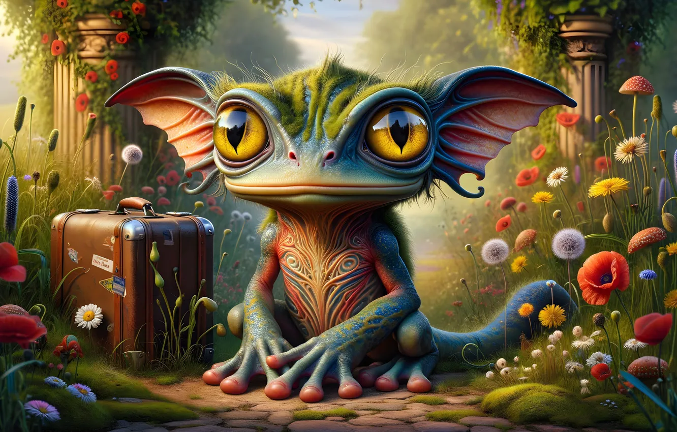 Photo wallpaper flowers, being, fantasy, suitcase