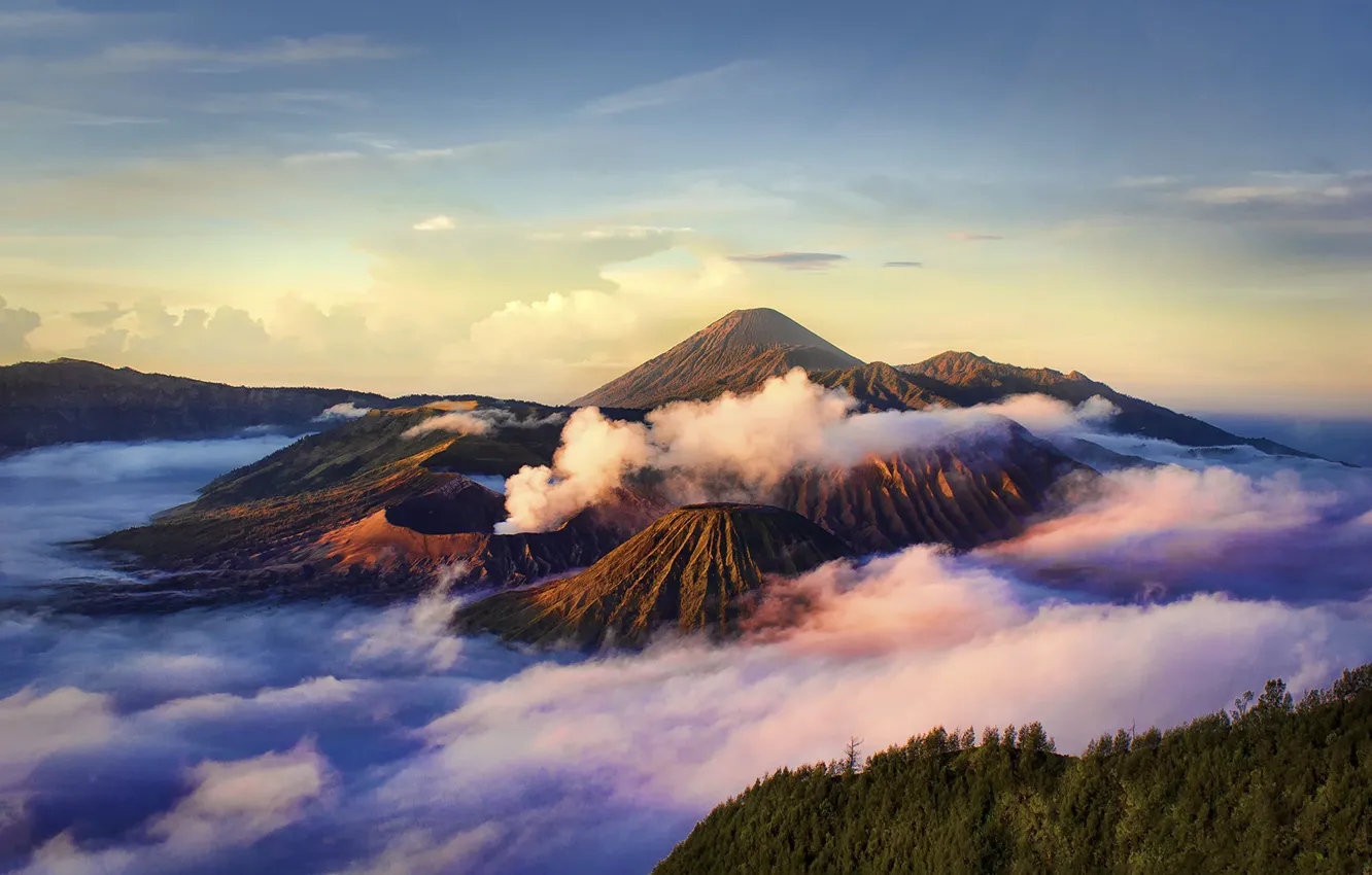 Photo wallpaper clouds, nature, Indonesia, Java, Indonesia, the volcano Bromo, Bromo-Tengger-Semeru National Park, Caldera Tengger