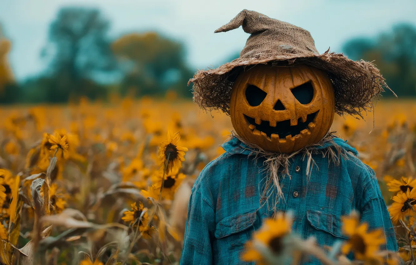 Photo wallpaper field, autumn, sunflowers, holiday, hat, pumpkin, Halloween, Halloween