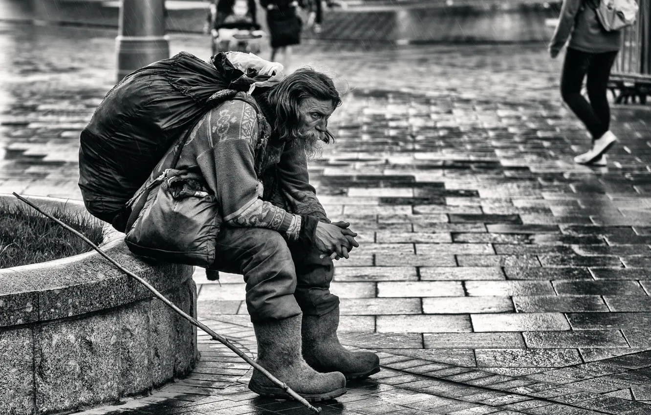 Photo wallpaper the city, rain, man, homeless, boots, BW