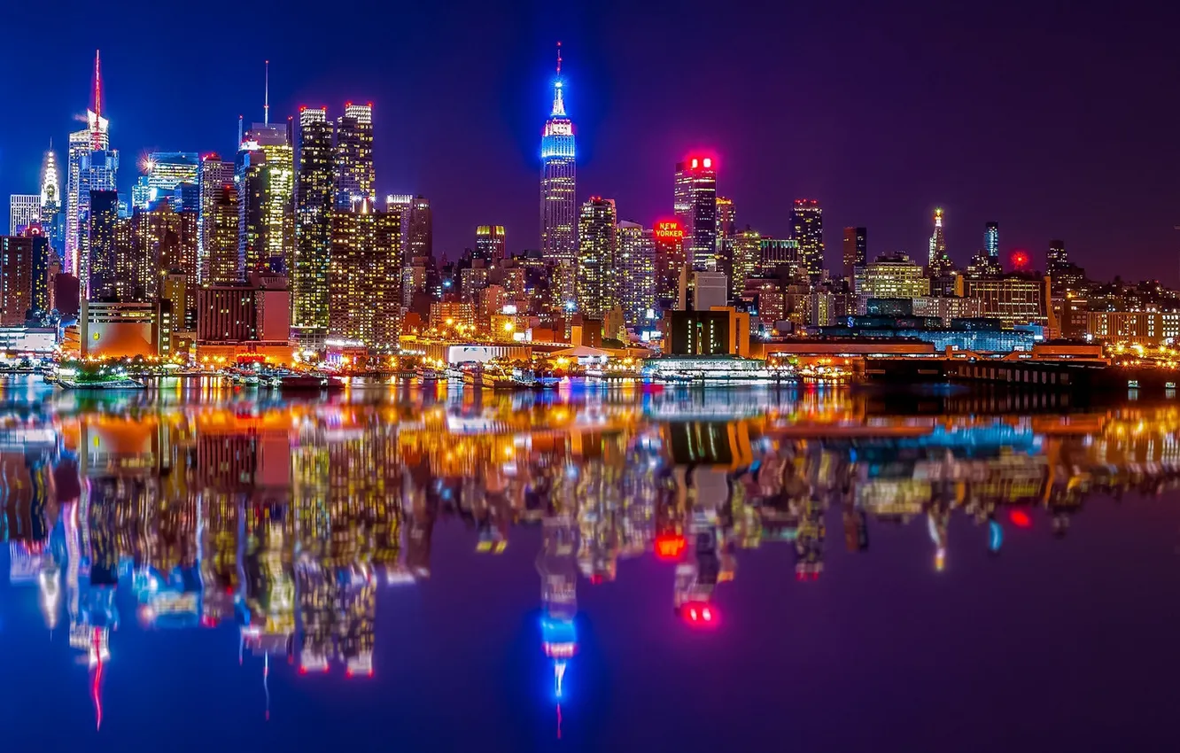 Photo wallpaper reflection, river, building, home, New York, night city, Manhattan, skyscrapers