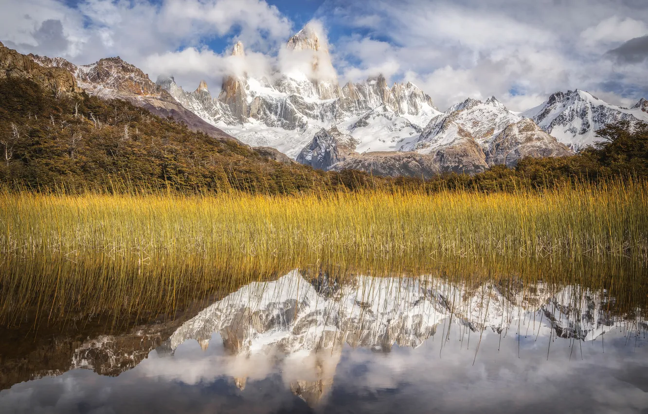 Photo wallpaper mountains, lake, reed