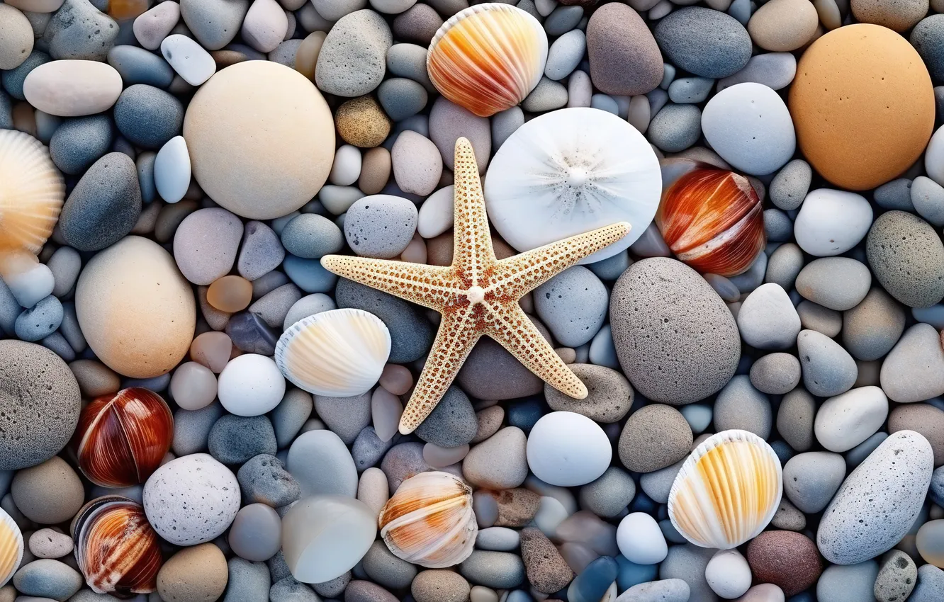 Photo wallpaper beach, stars, pebbles, stones, background, colorful, shell, beach