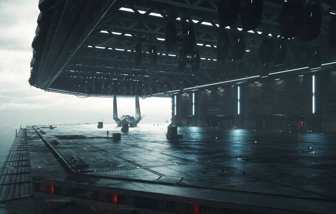 Photo wallpaper rain, the ocean, fighters, Shuttle, concept art, Obi-WAN Kenobi, the landing platform, by Alex Nice