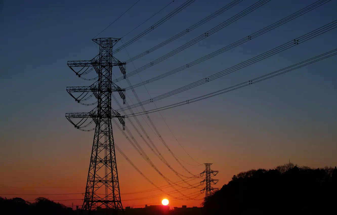 Photo wallpaper the sun, dawn, posts, wire