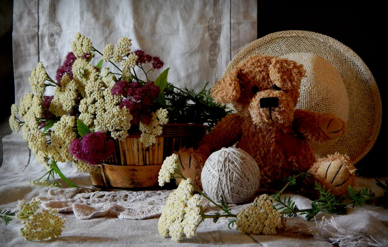 Photo wallpaper toy, Flowers, bear, still life