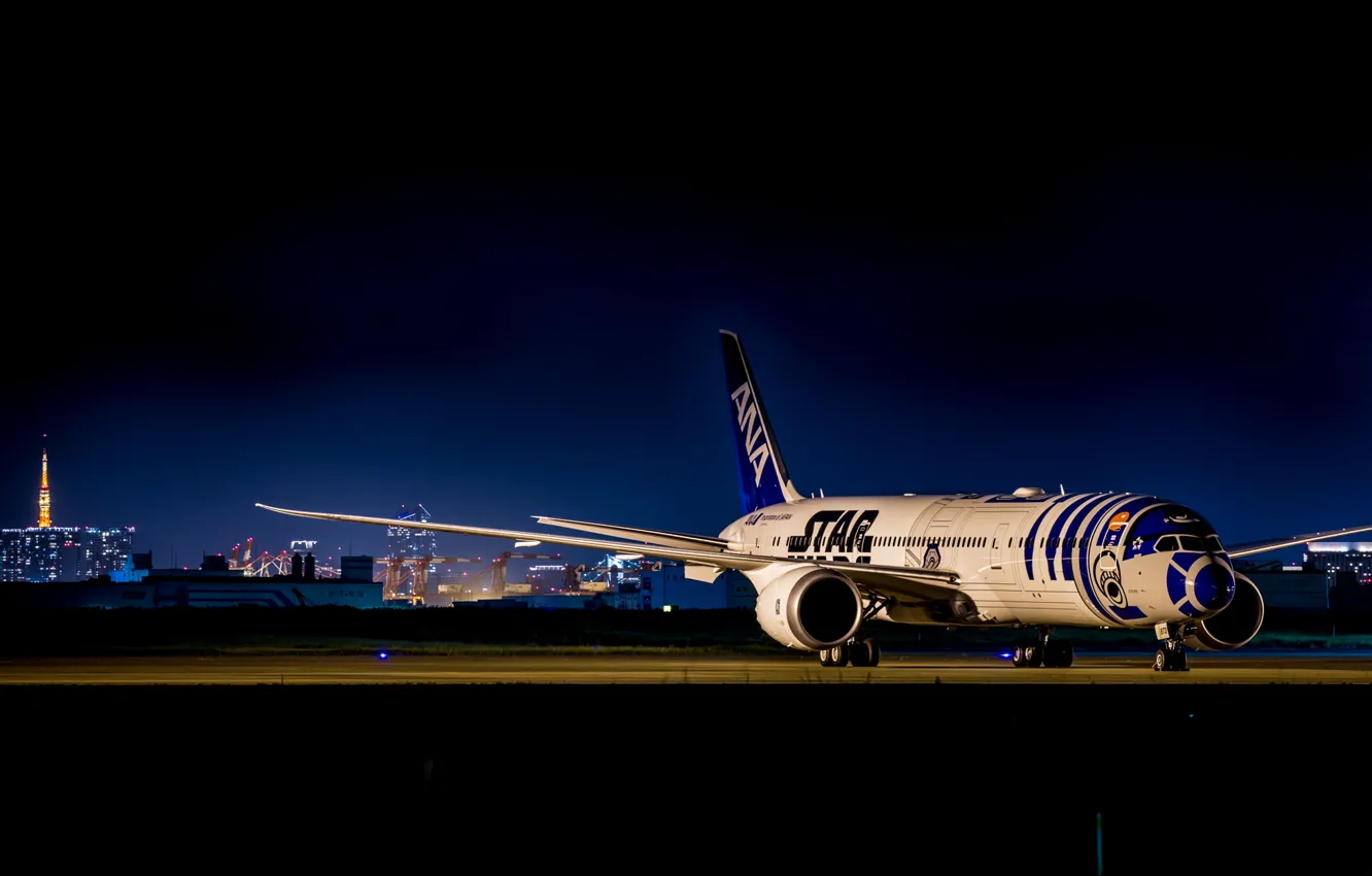 Photo wallpaper night, airport, the plane, Airbus
