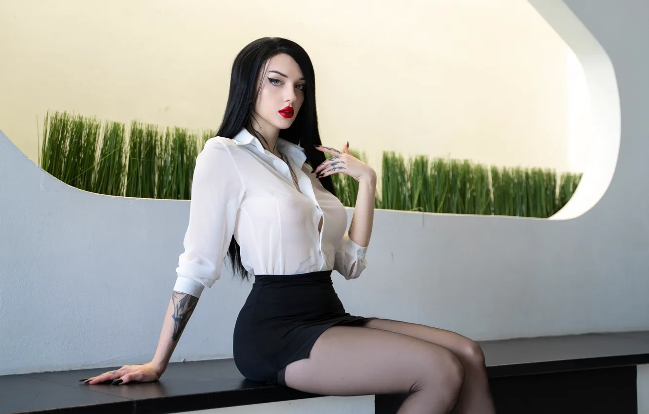 Photo wallpaper tattoo, Black skirt, black hair, sitting, black hair, white shirt, hair, big Breasts