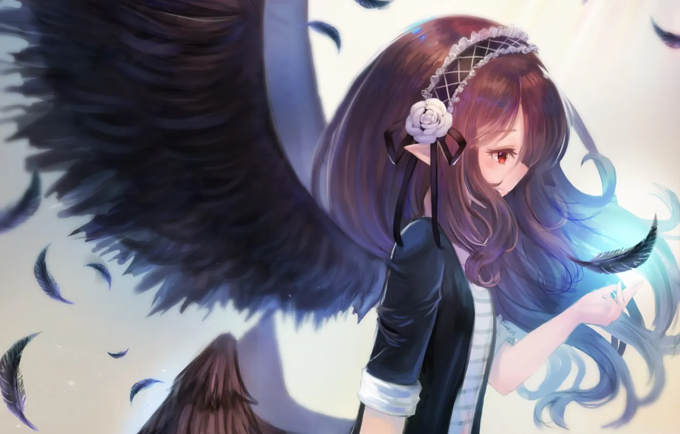 Photo wallpaper girl, magic, wings, angel, anime, feathers, art, zonekiller10