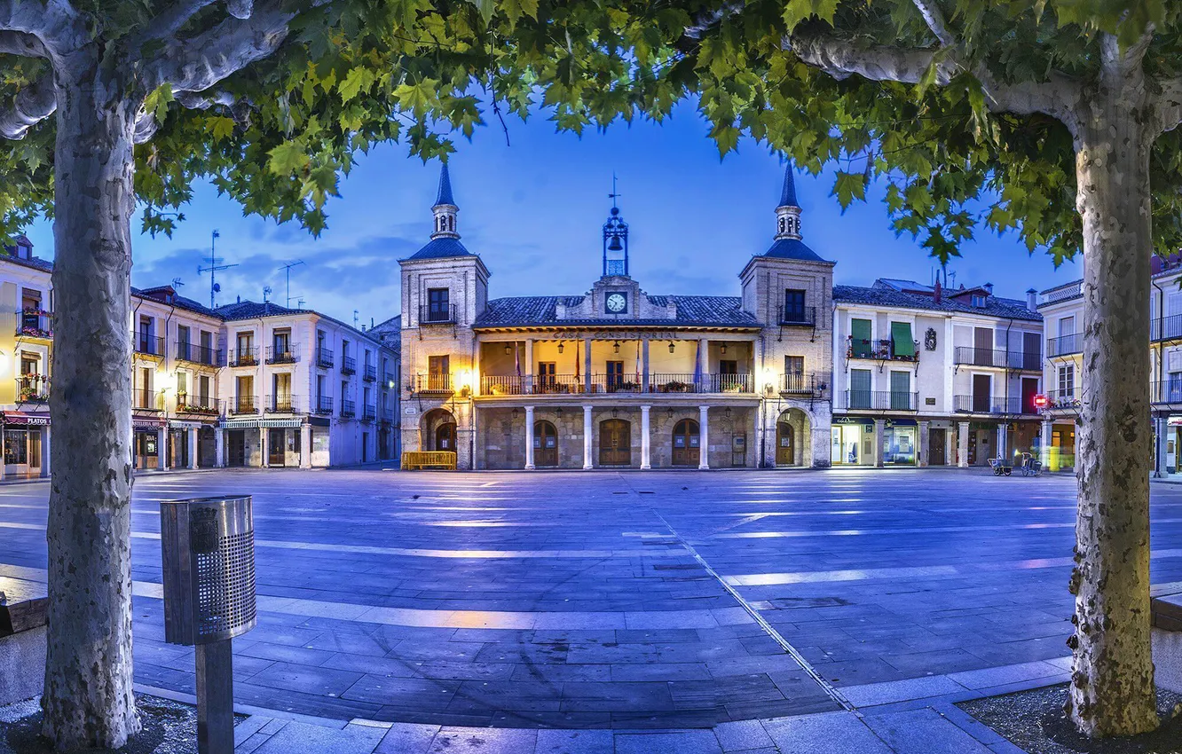 Photo wallpaper trees, lights, the evening, area, Spain, town hall, El Burgo de Osma