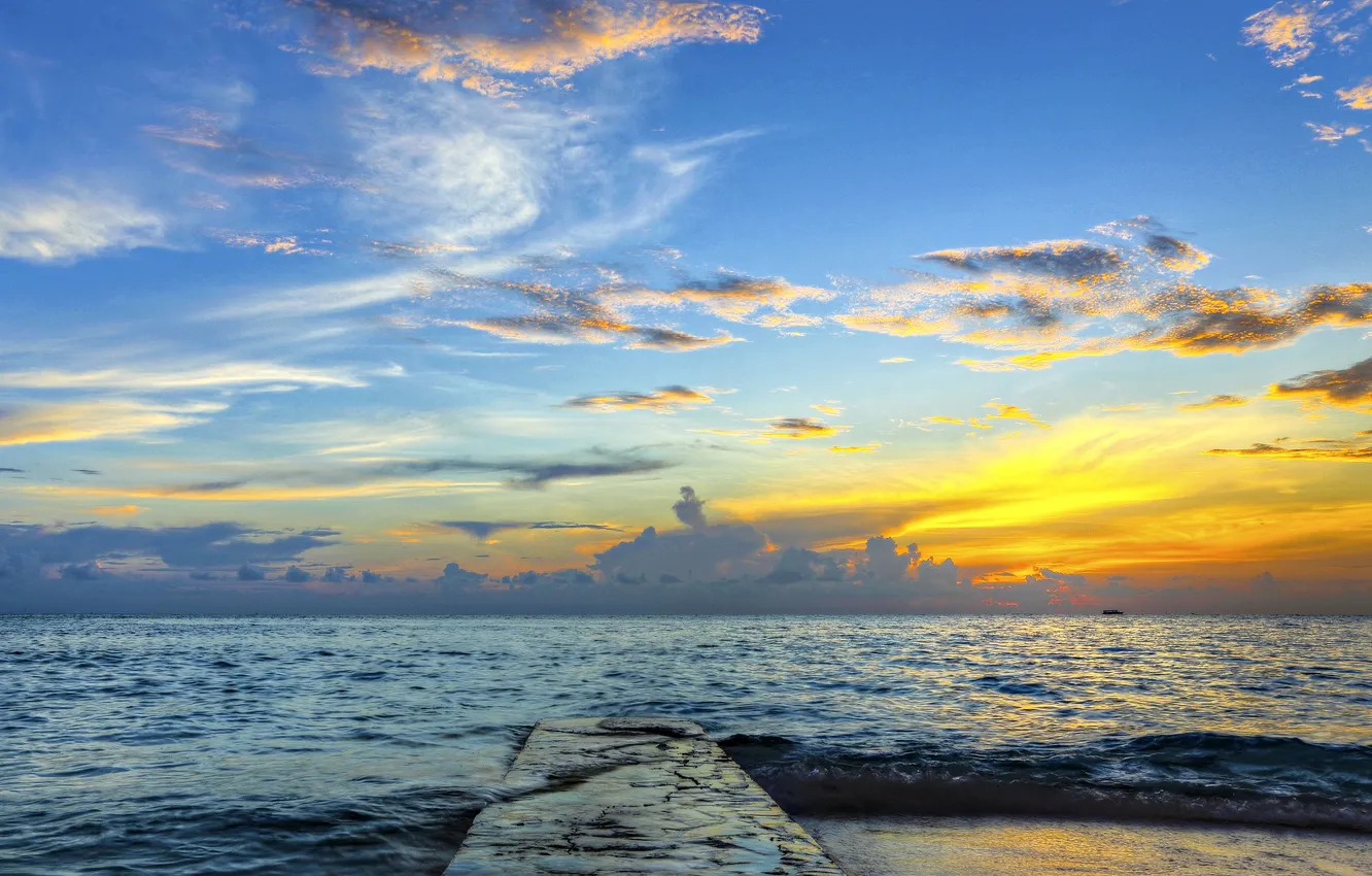 Photo wallpaper sea, the sky, sunset, coast, horizon