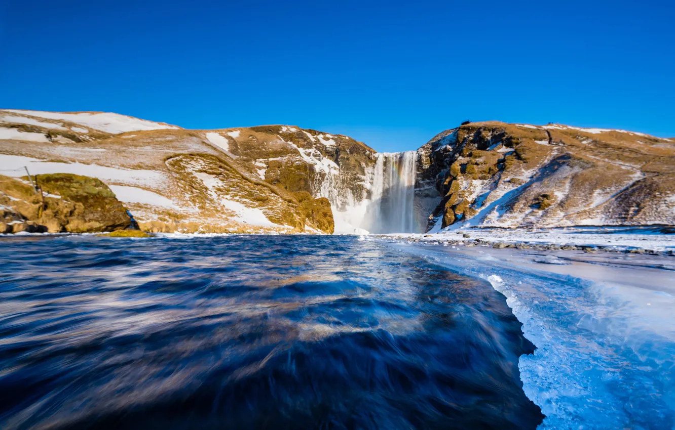 Photo wallpaper the sky, snow, landscape, mountains, lake, river, rocks, waterfall