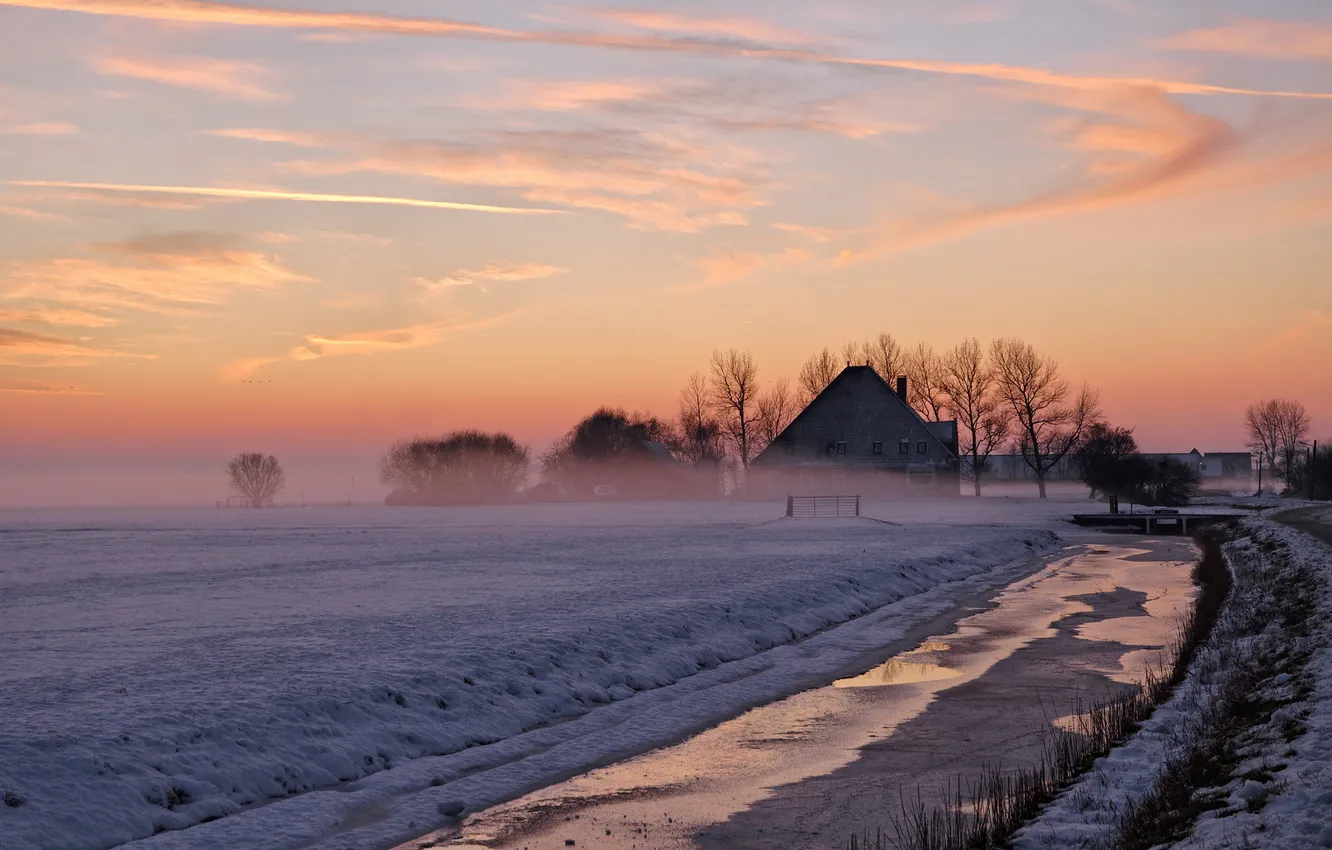 Photo wallpaper winter, field, sunset, home