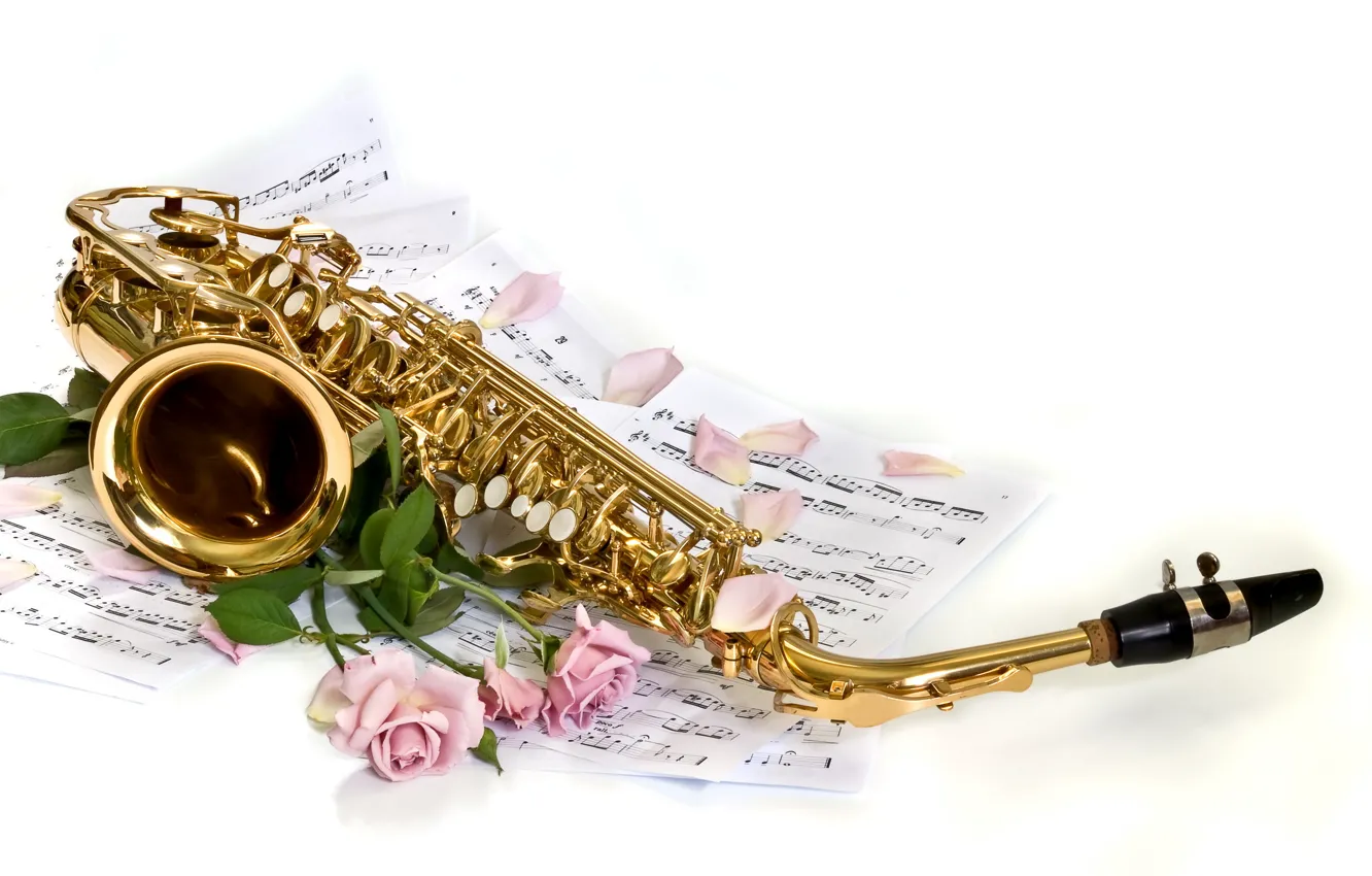 Photo wallpaper BACKGROUND, PETALS, WHITE, FLOWERS, ROSES, NOTES, SAXOPHONE