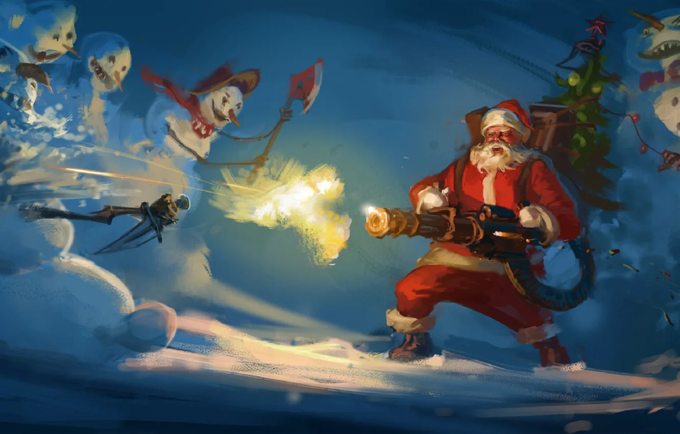 Photo wallpaper snowmen, dagger, axe, Santa Claus, machine gun, slaughter, Anatoly Muschenko