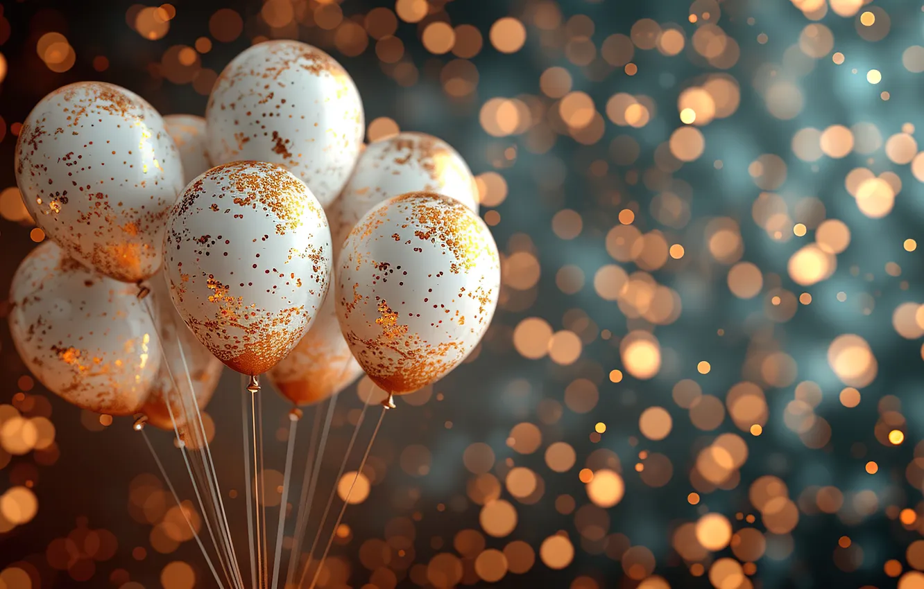 Photo wallpaper balloons, background, birthday, golden, Happy Birthday, background, bokeh, balloons