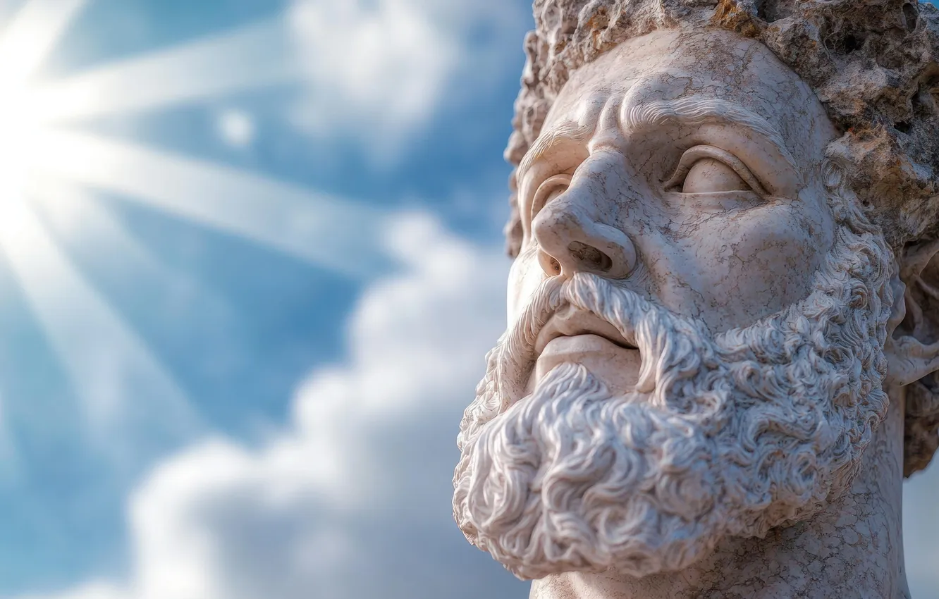 Photo wallpaper look, the sun, clouds, rays, face, male, sculpture, beard