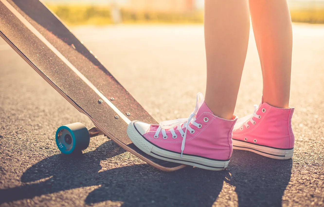 Photo wallpaper pink, women, sneakers, Longboard