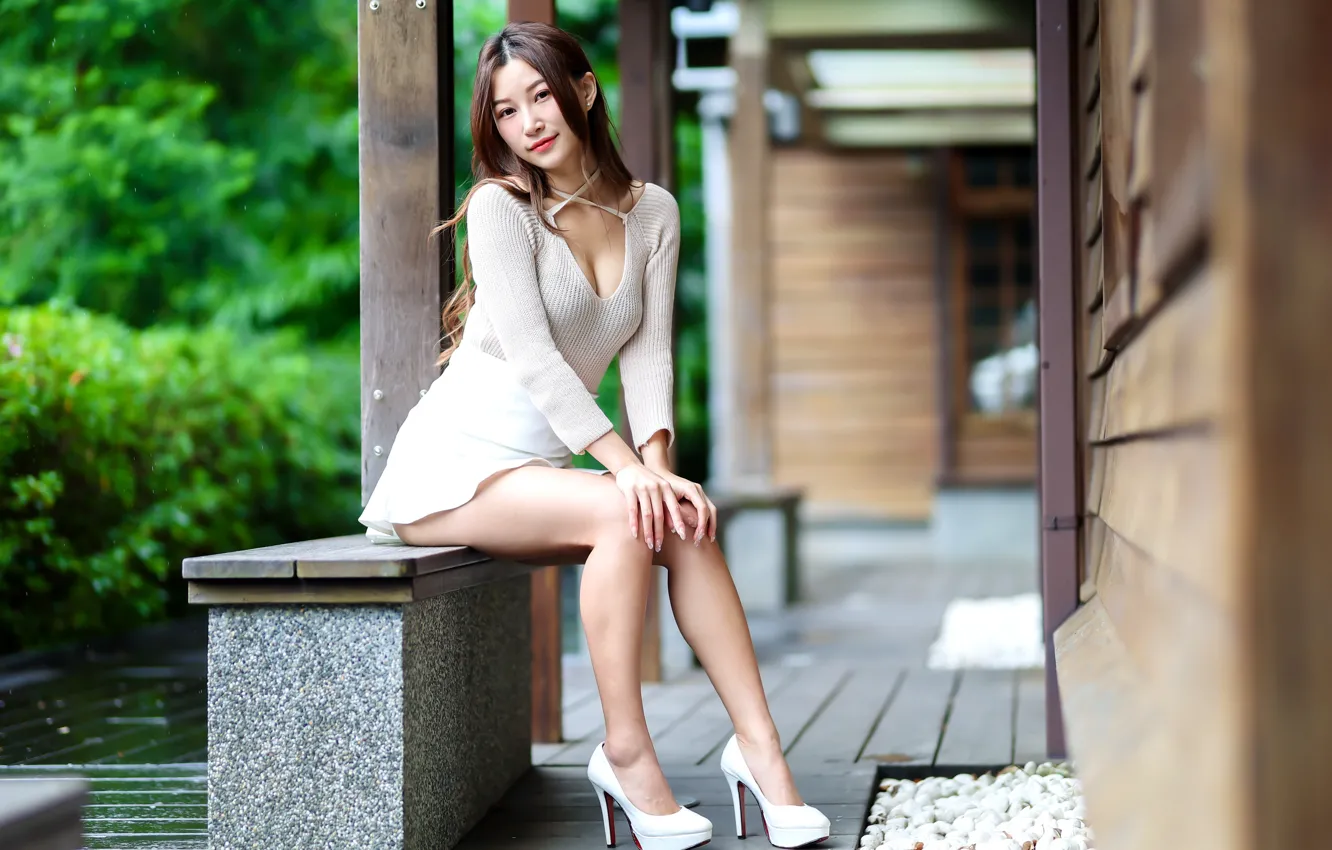 Photo wallpaper look, pose, model, skirt, portrait, home, makeup, garden