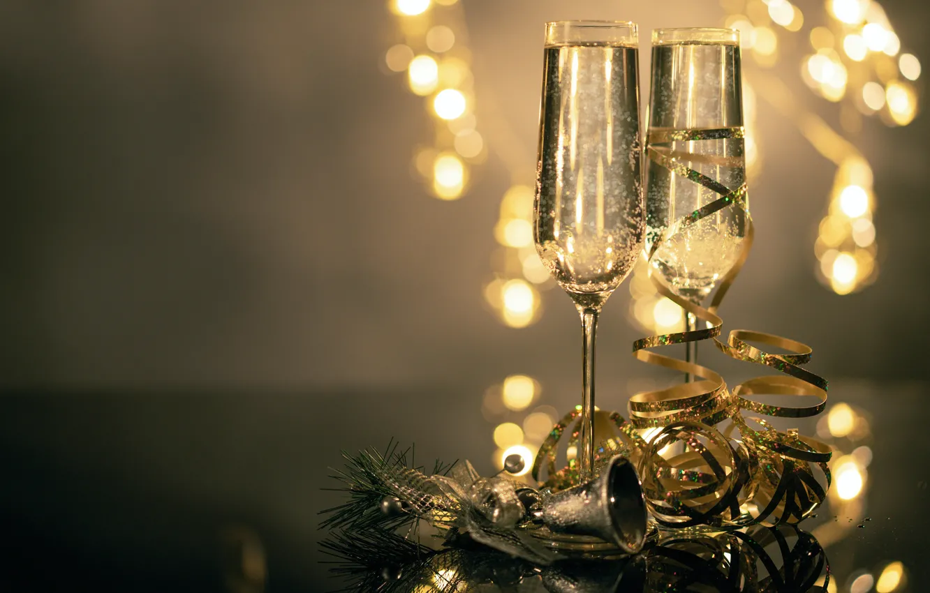 Photo wallpaper light, lights, reflection, table, wine, Shine, glasses, Christmas