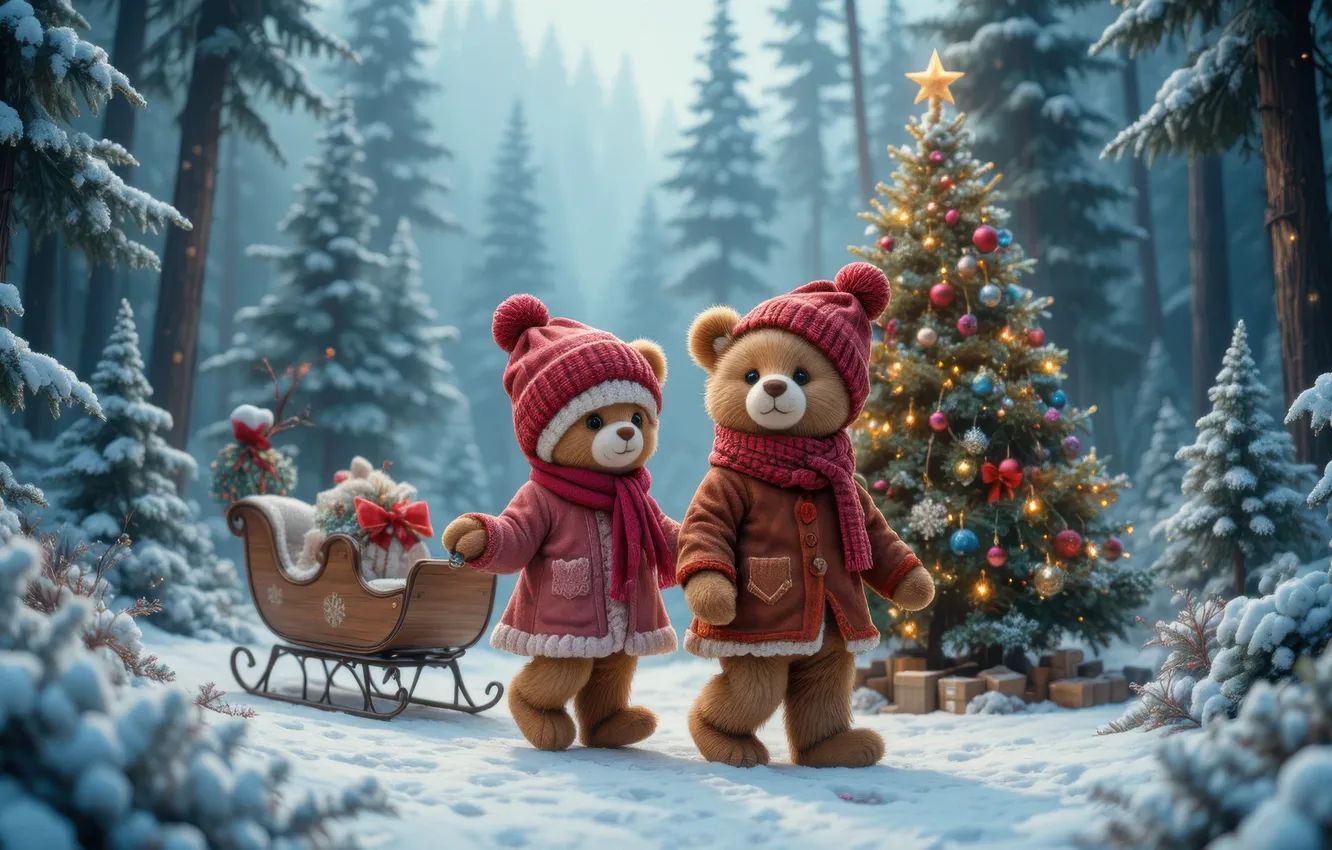 Photo wallpaper winter, forest, snow, lights, hat, toy, new year, Christmas