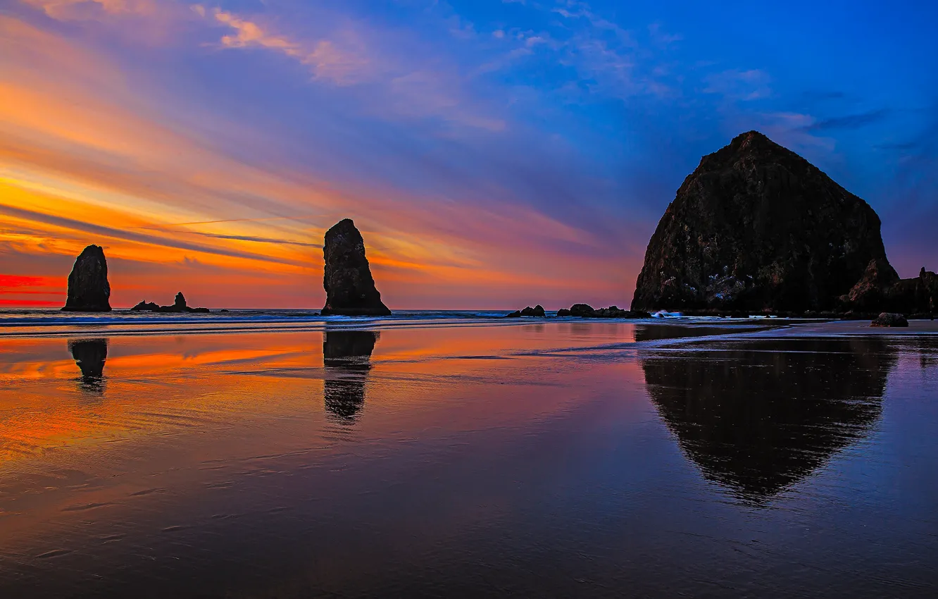 Photo wallpaper Oregon, rocks, glow, shore, tide, USA