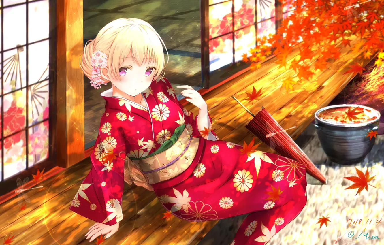 Photo wallpaper autumn, girl, yukata