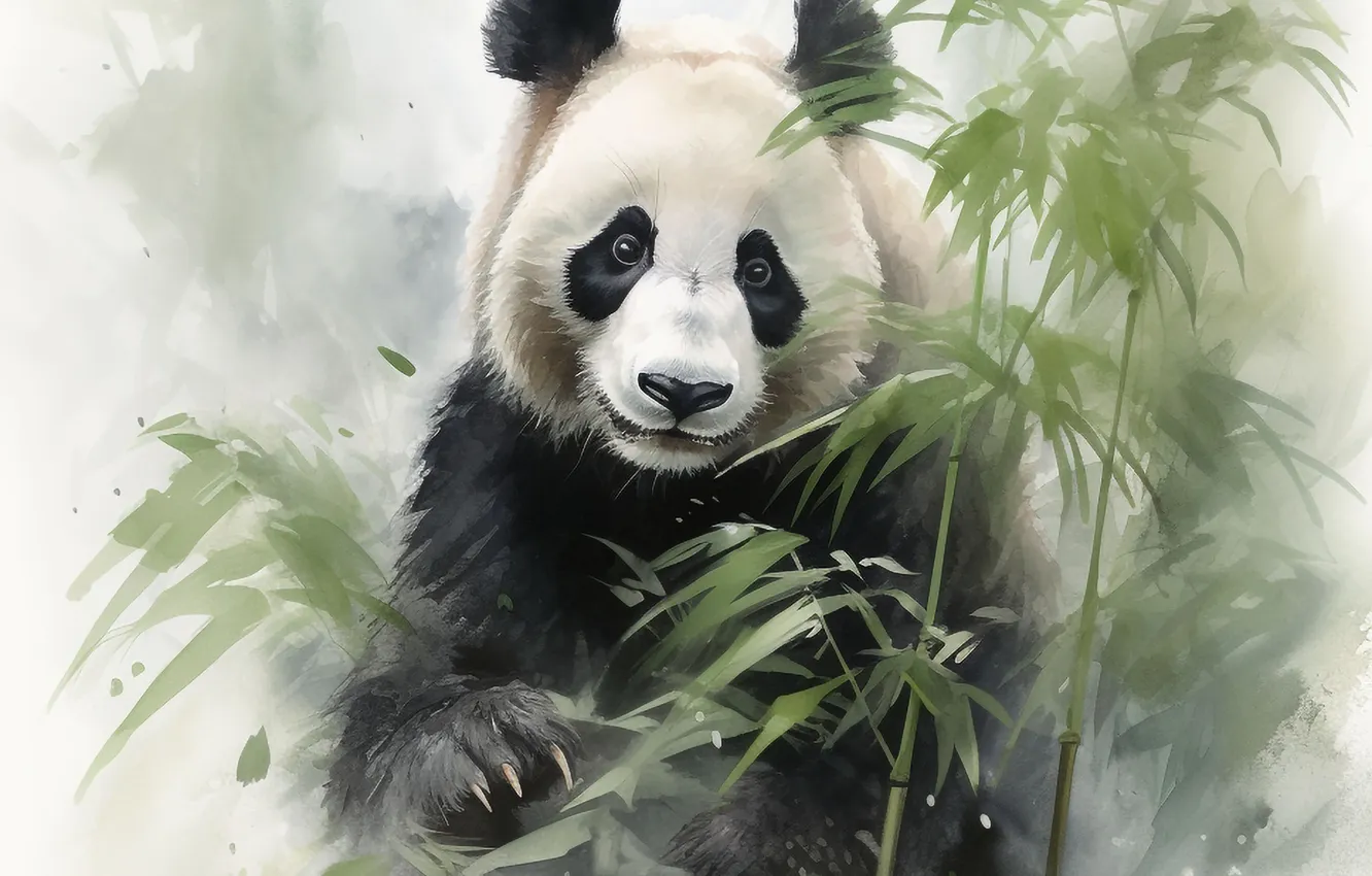 Photo wallpaper bamboo, bear, art, Panda, digital art, imitation painting, AI art, The Art of Artificial Intelligence