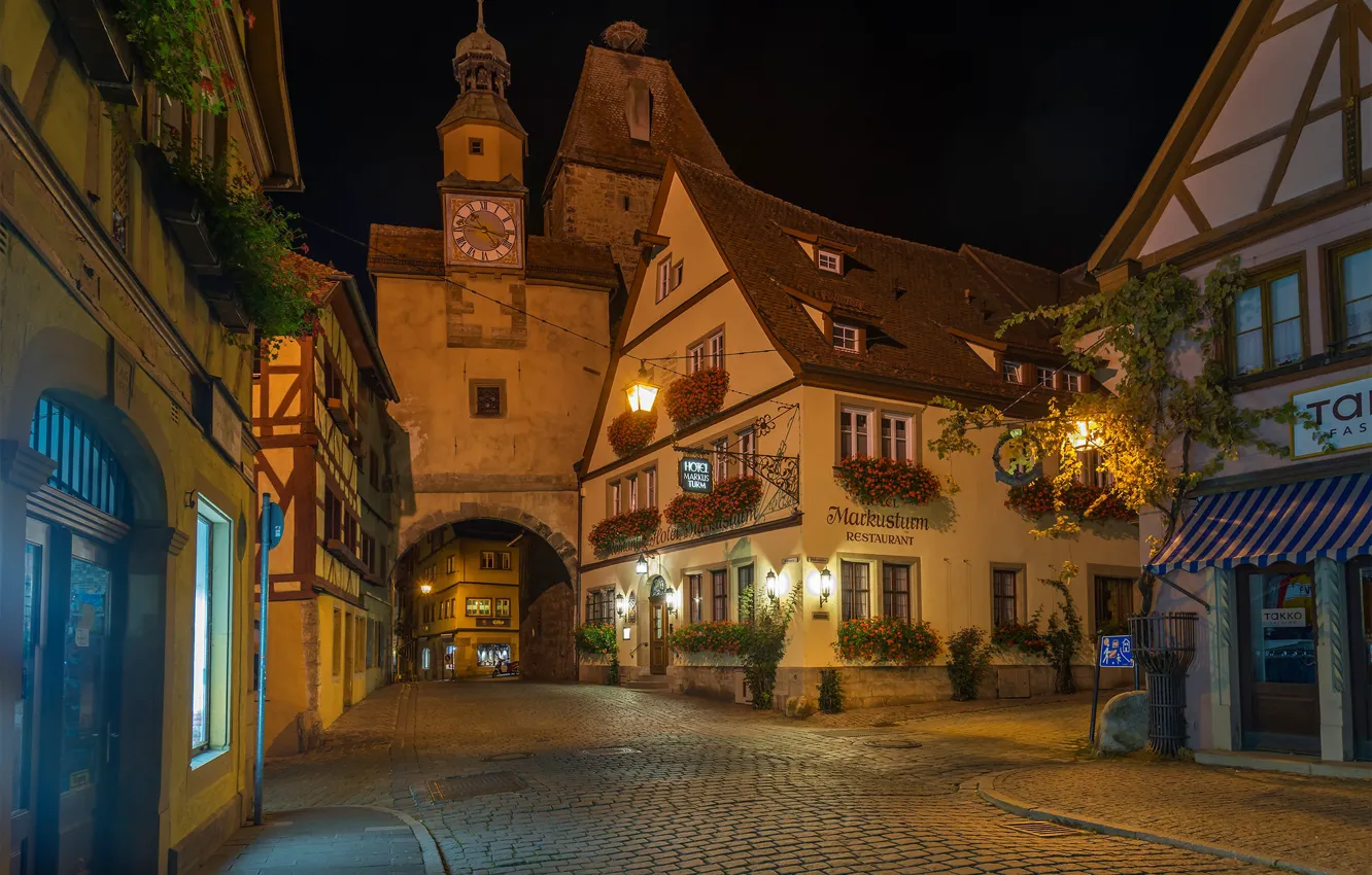 Photo wallpaper street, building, home, gate, Germany, Bayern, night city, bridge