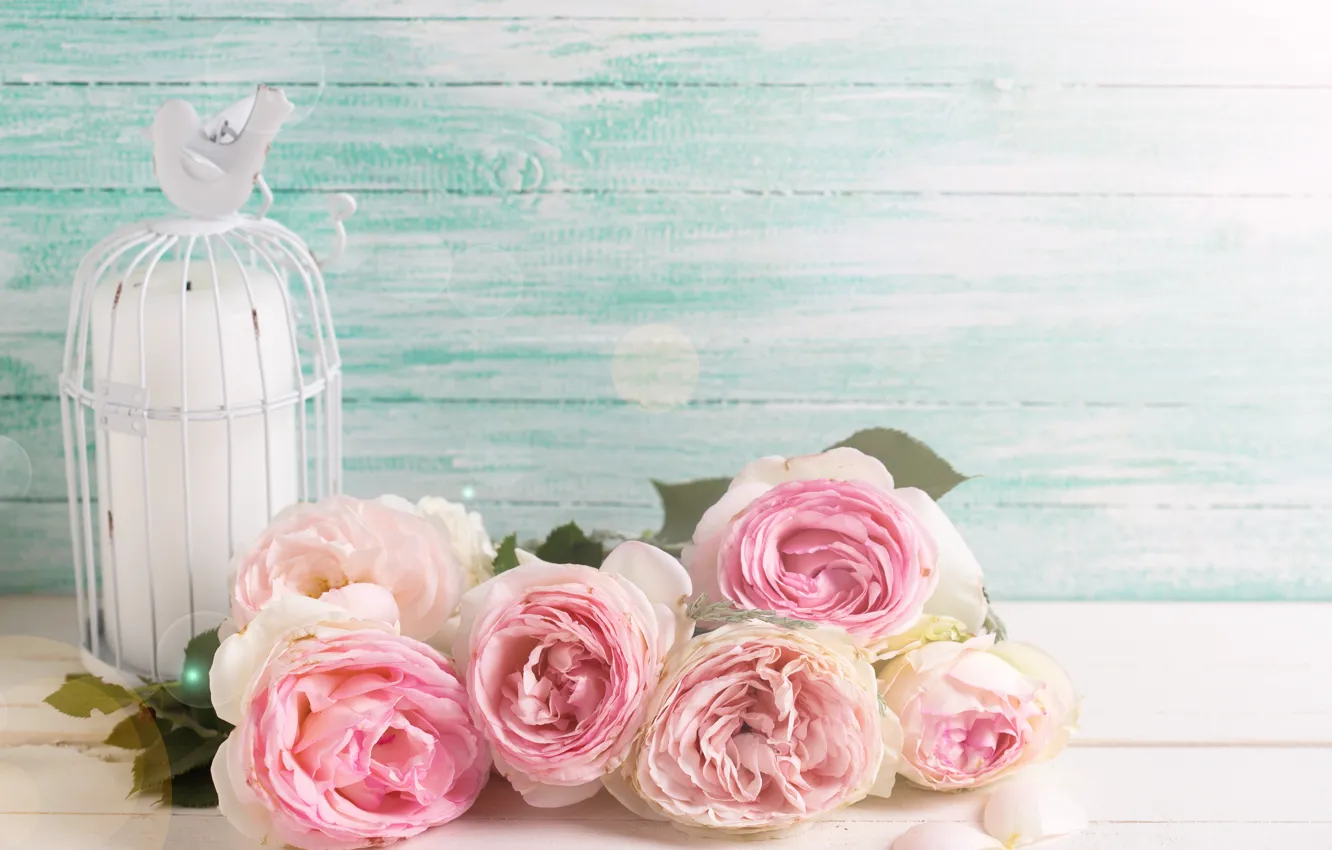 Photo wallpaper flowers, roses, bouquet, pink, vintage, wood, pink, flowers