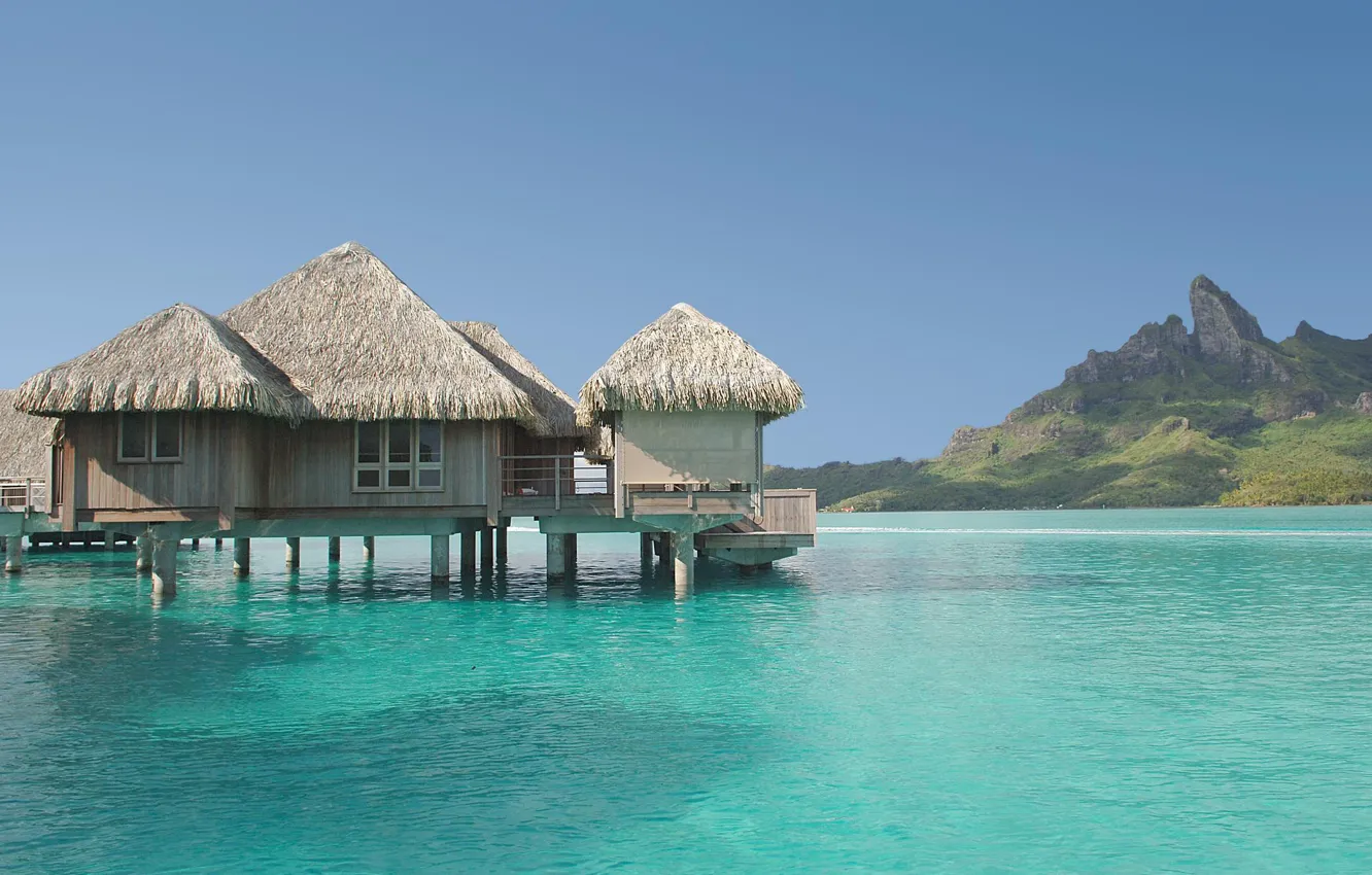 Photo wallpaper Bora Bora, French Polynesia, water villa, St.Regis, bungalow over clear blue lagoon