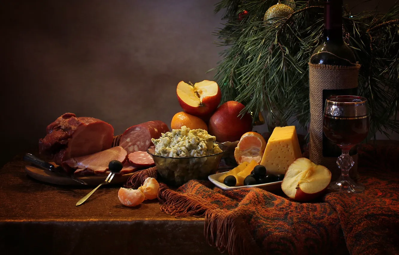 Photo wallpaper branches, table, holiday, wine, apples, toy, bottle, new year