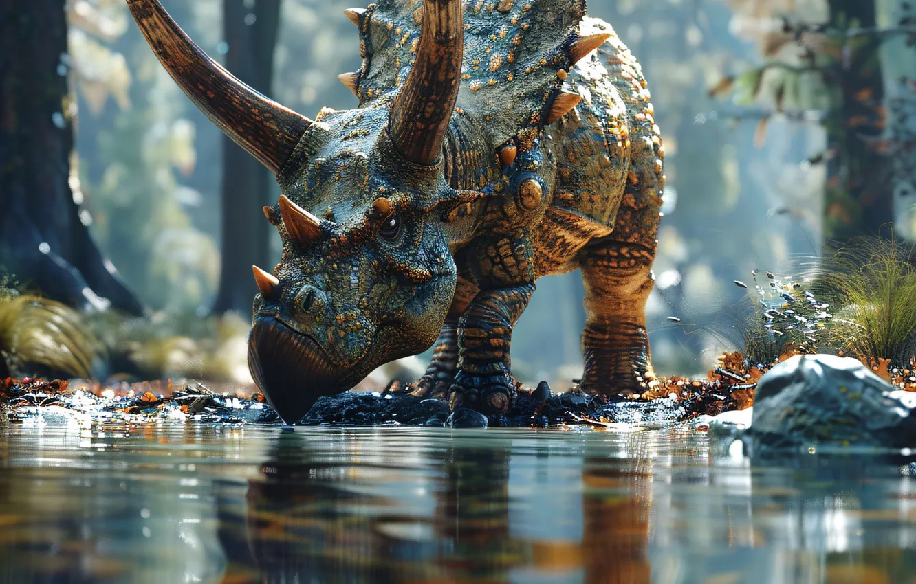 Photo wallpaper water, trees, animal, dinosaur, horns, river, drink, Triceratops