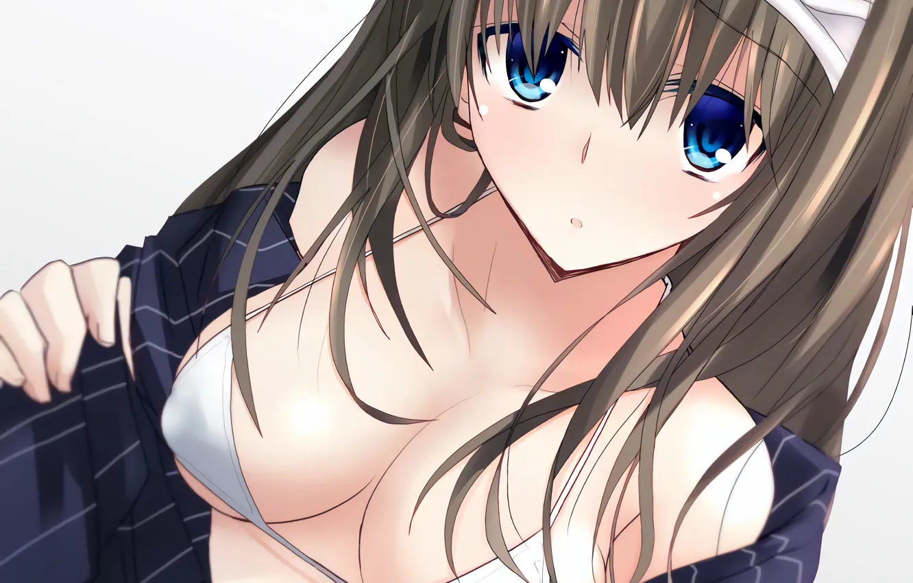 Photo wallpaper girl, sexy, cleavage, long hair, brown hair, boobs, anime, blue eyes