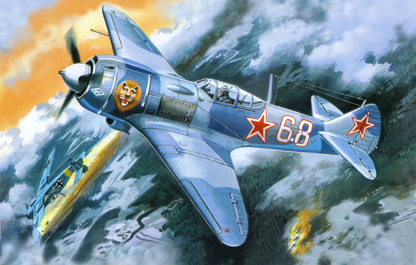 Photo wallpaper the sky, lights, earth, smoke, figure, fighter, art, the plane