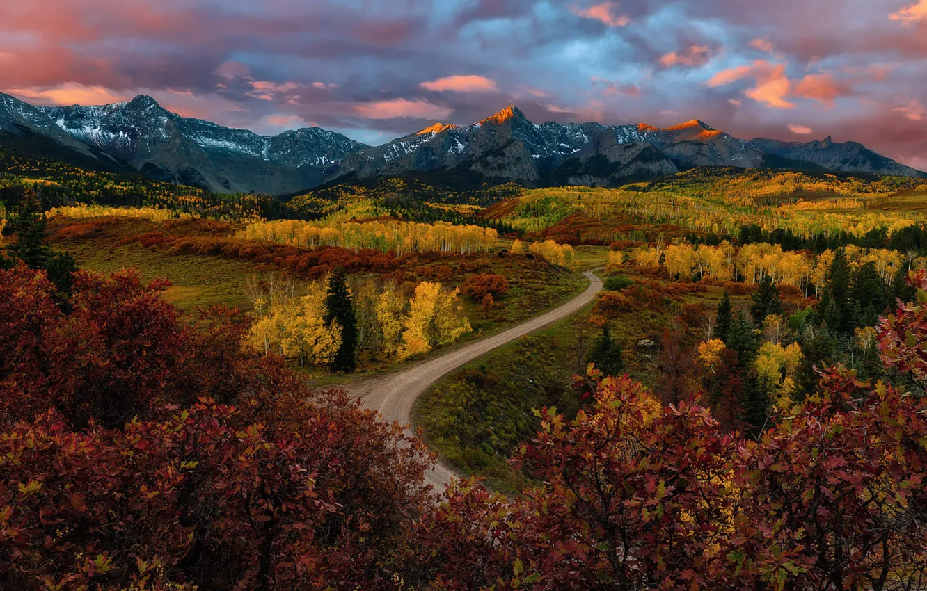 Photo wallpaper twilight, road, sunset, mountains, clouds, dusk, fall, Valley