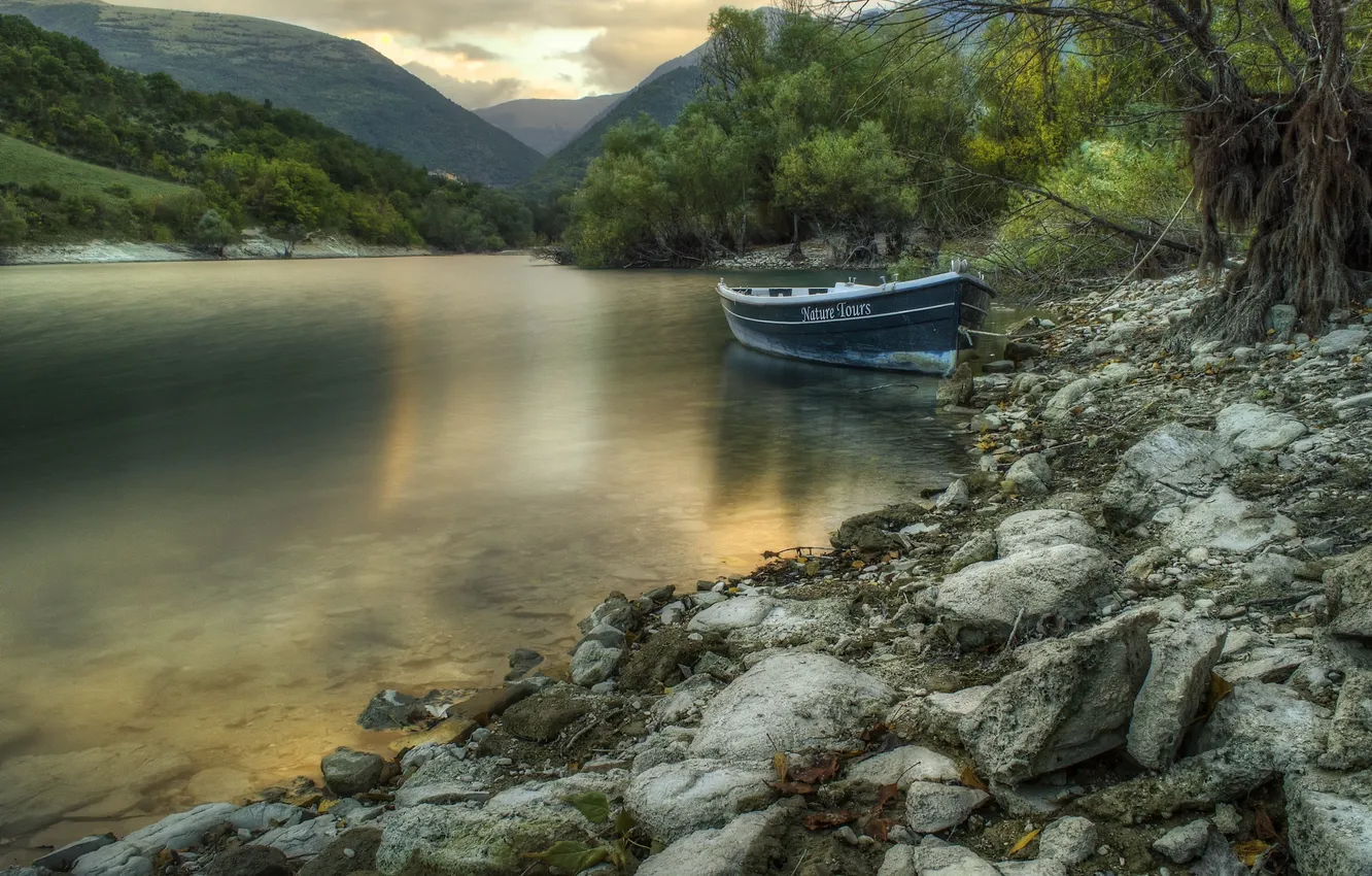 Photo wallpaper mountains, river, boat