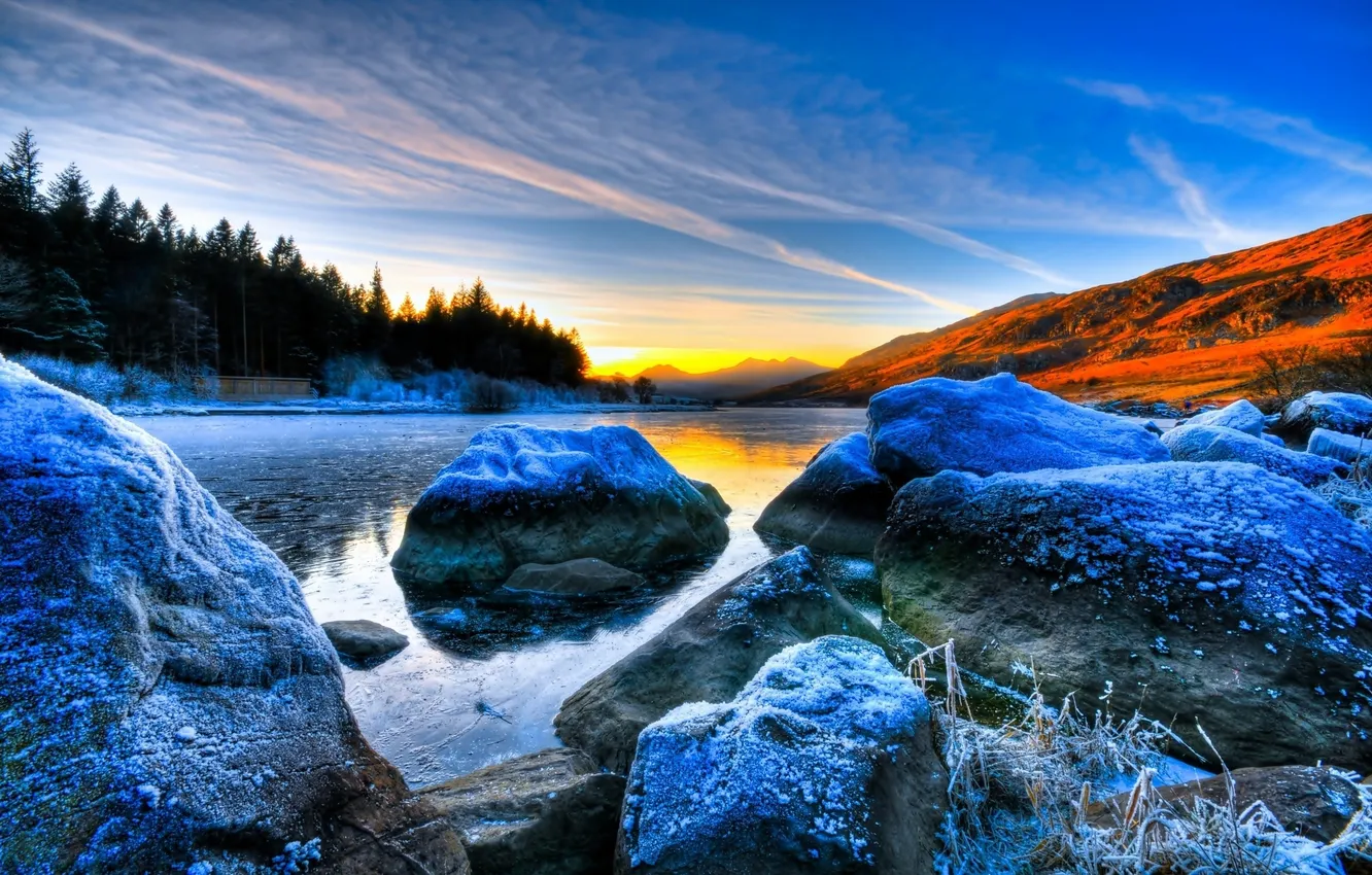 Photo wallpaper forest, the sky, snow, sunset, mountains, lake, stones